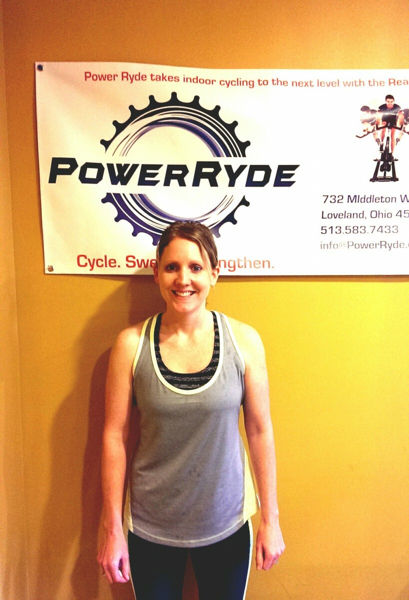 Tracy Wheatley in front of PowerRyde banner